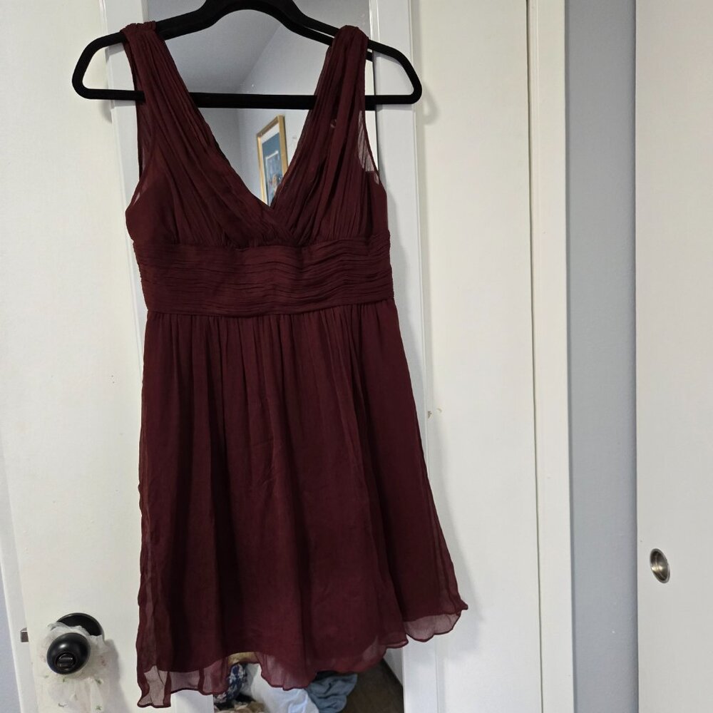 J Crew pleated burgundy silk chiffon v neck cocktail dress Sz 4P